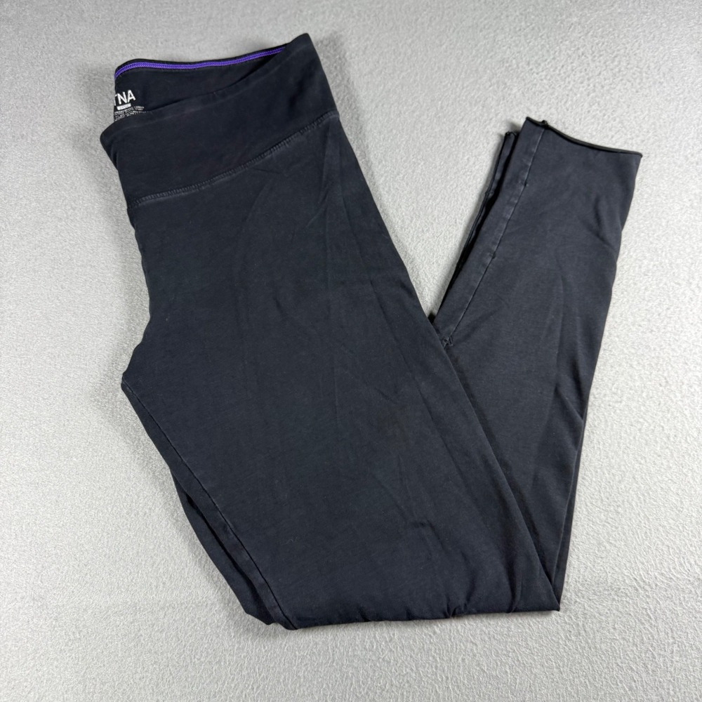 TNA Aritzia Black Cotton Spandex Leggings Size Large Raw Hem Athletic Yoga